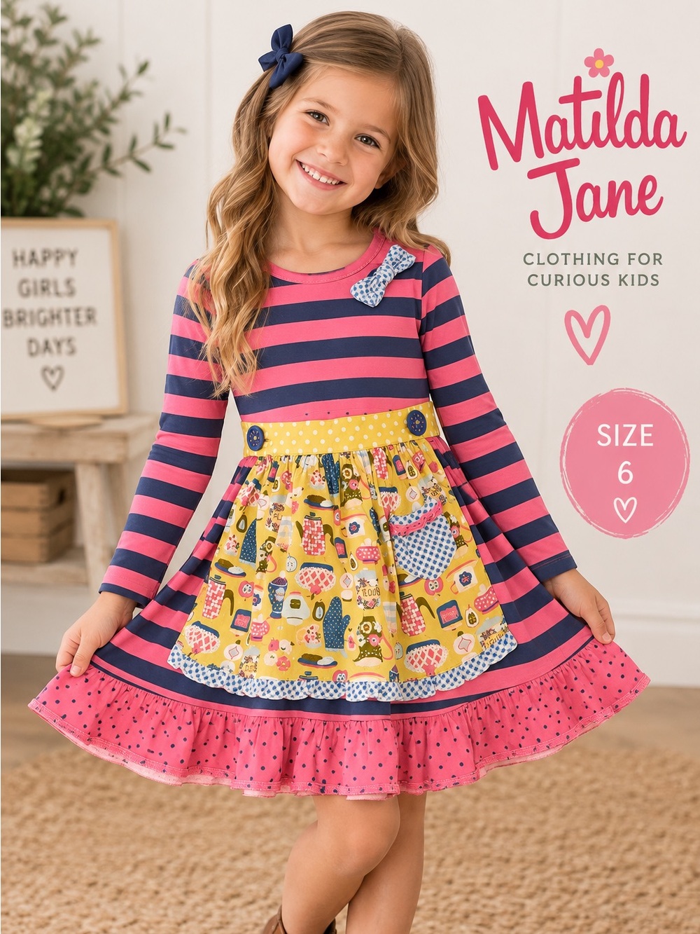Matilda Jane Girls Size 4 Pink Navy Stripe Apron Dress Long Sleeve